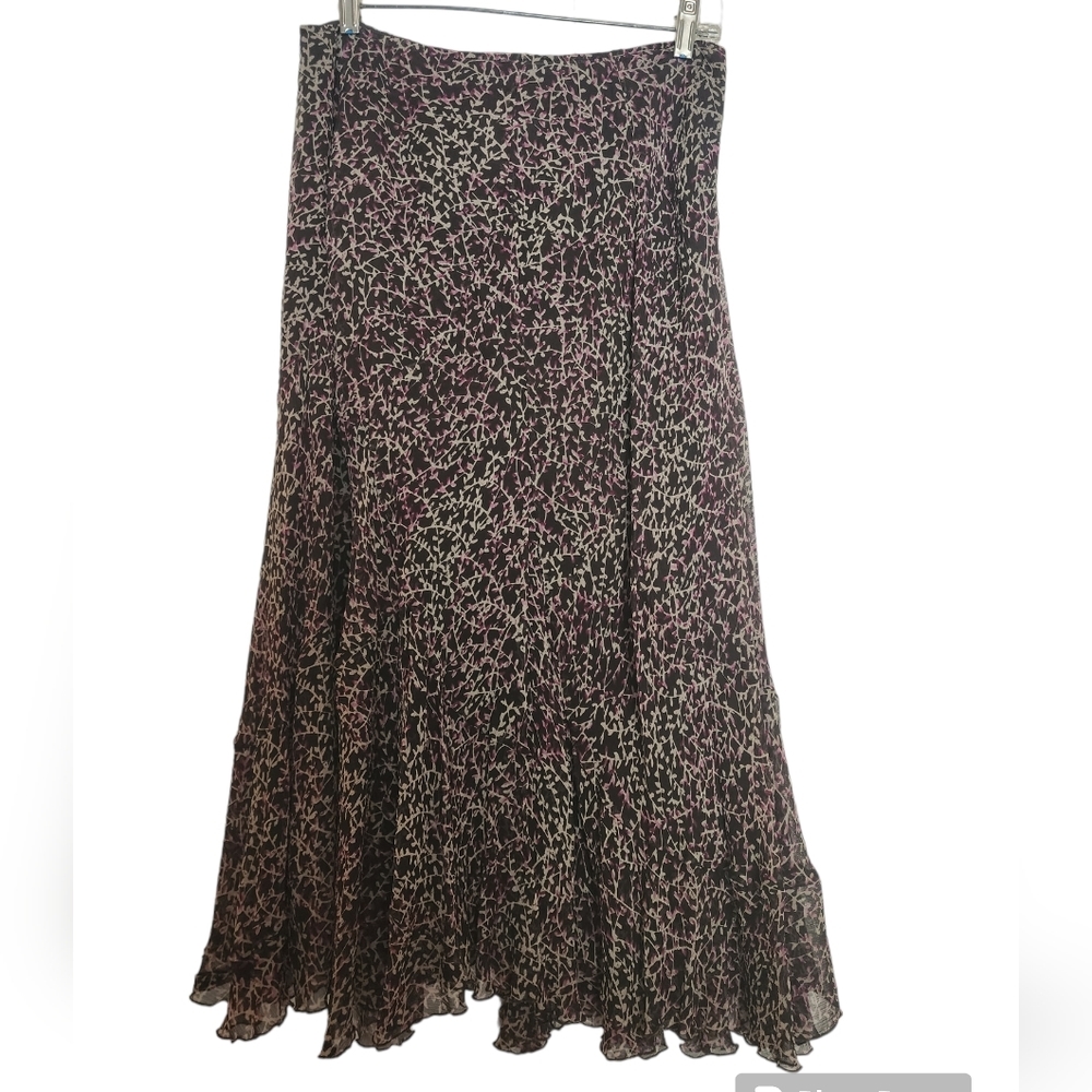 ANNE Klein Black Tan Print Silk Sheer Overlay Lined Skirt SZ 10